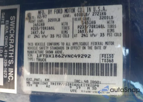 1997 Ford F-150 Lariat/Xl/Xlt from USA, damaged, VIN 1FTDX1862VNC49292